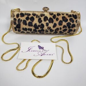 Isabella Adams Leopard Print Fur Clutch Crossbody with Amber Jewels 7 in.